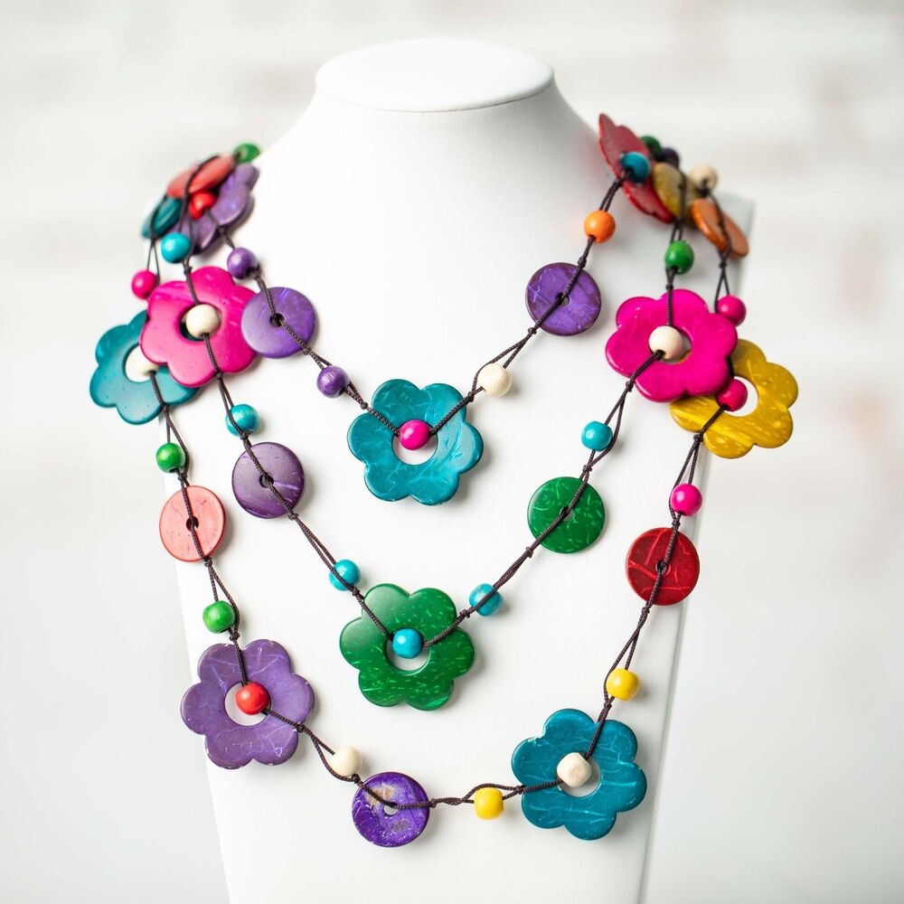 Colorful Multi Strand Flower Necklace Coconut Shell Beaded Boho Statement